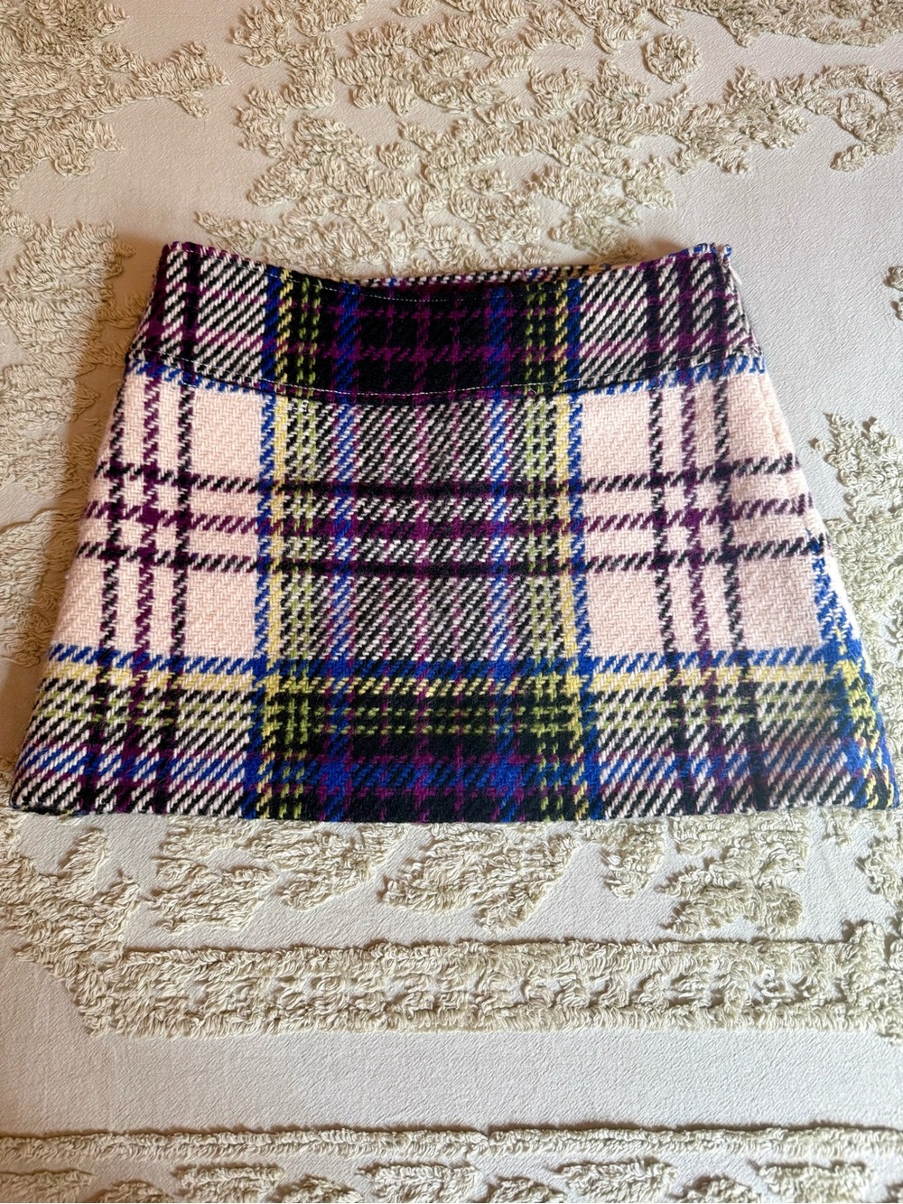 Burberry Cream Plaid Mini Skirt with Blue, Purple & Green Accents